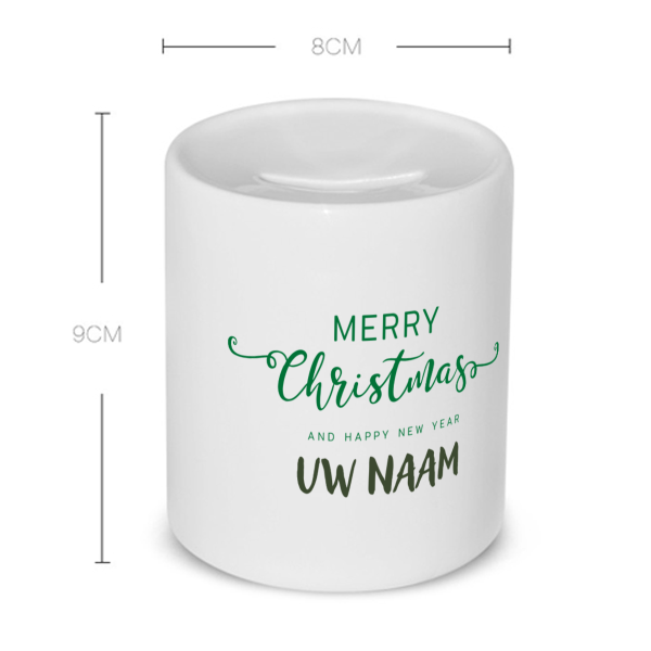 kerst mok merry christmas and happy new year met eigen naam Spaarpot