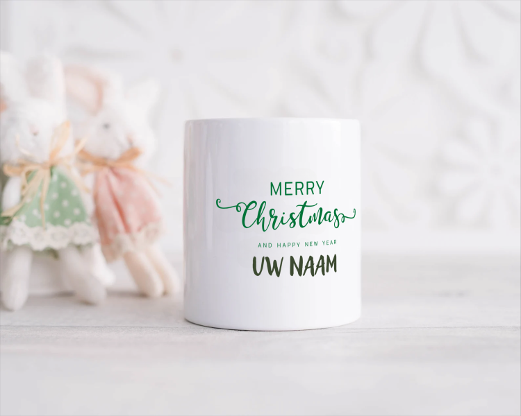 kerst mok merry christmas and happy new year met eigen naam Spaarpot