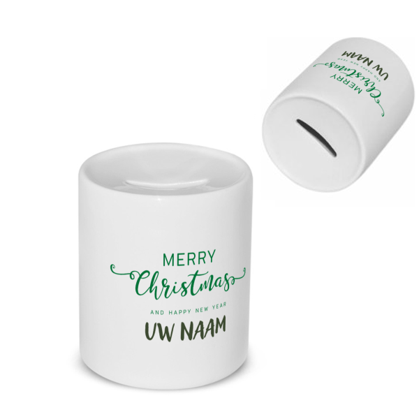 kerst mok merry christmas and happy new year met eigen naam Spaarpot