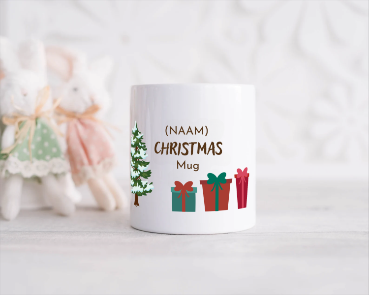 kerst mok kerstboom met cadeautjes met eigen naam Spaarpot