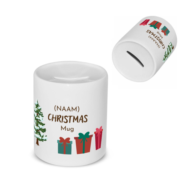 kerst mok kerstboom met cadeautjes met eigen naam Spaarpot