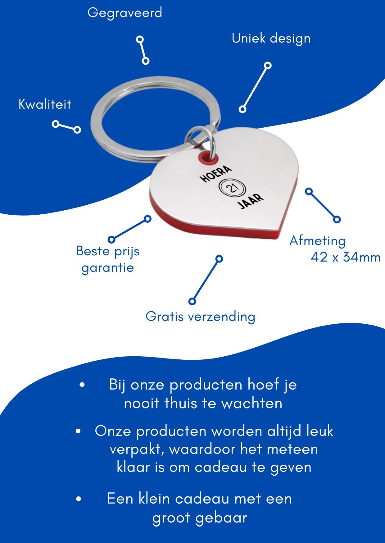 hoera 21 jaar sleutelhanger hartvorm