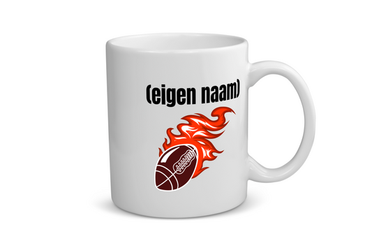 rugbybal vuur met eigen naam Koffiemok - Theemok