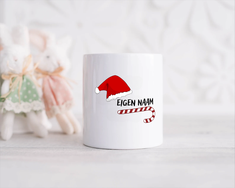 kerst mok zuurstok en kerstmuts met eigen naam Spaarpot