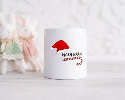 kerst mok zuurstok en kerstmuts met eigen naam Spaarpot