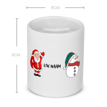 kerst mok sneeuwpop en kerstman met eigen naam Spaarpot