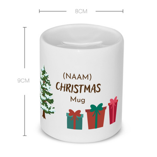 kerst mok kerstboom met cadeautjes met eigen naam Spaarpot