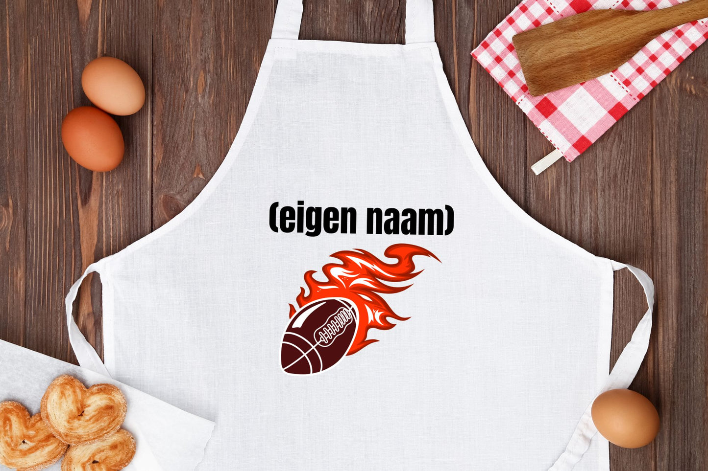 rugbybal vuur met eigen naam Keukenschort