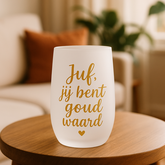 Gepersonaliseerd Wijnglas 400 ml – Frosted Glas | Stijlvol & Uniek Cadeau Juf